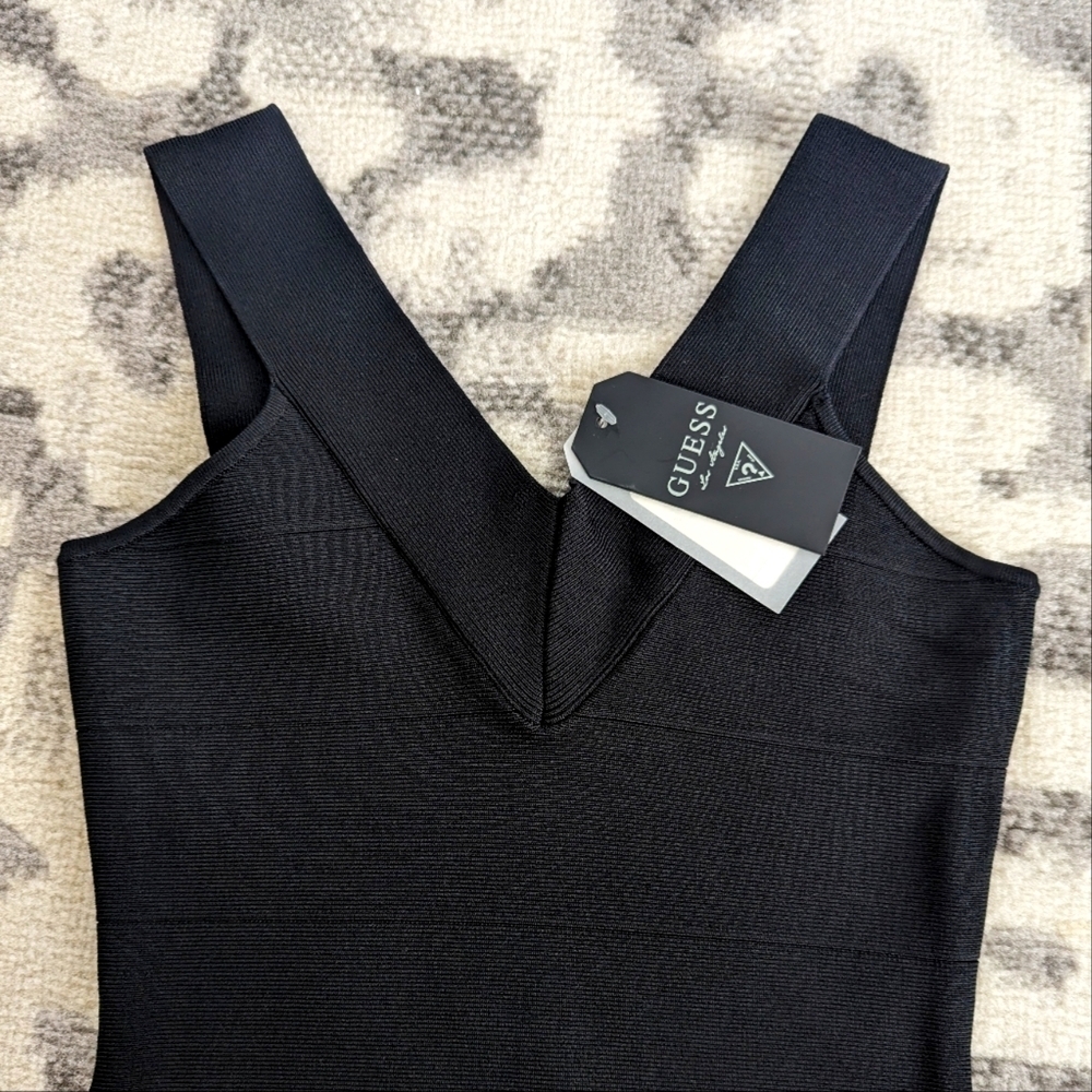 Guess Black Ribbed Bodycon Mini V-neck Dress Size XS NEW WITH TAGS - Picture 2 of 8